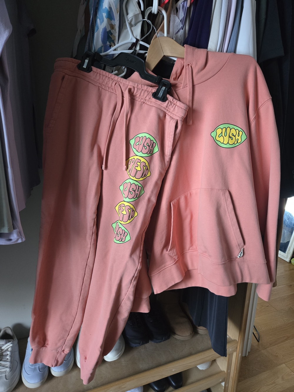 Lush 100% Organic Cotton Coral Hoodie and Joggers Set with Lime Accents